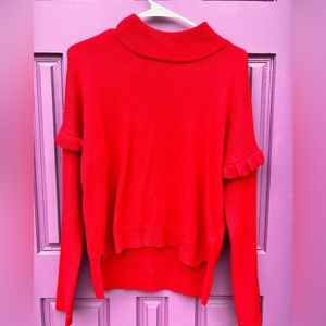 Ruby Moon red sweater with flutter sleeve detail in festive red. Size small